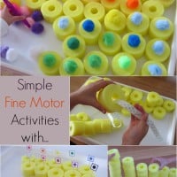 Simple and fun fine motor activities using pool noodles, threading, balancing, matching colours and construction.