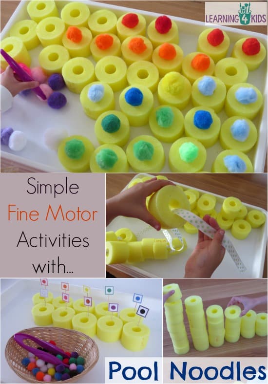 Simple and fun fine motor activities using pool noodles, threading, balancing, matching colours and construction.