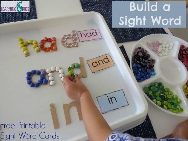 Build a sight word using wooden alphabet letters and glass gems. Free printable sight word cards.