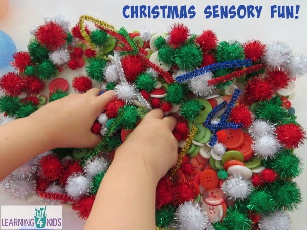 Christmas theme sensory tub.  Create and explore using the items provided.