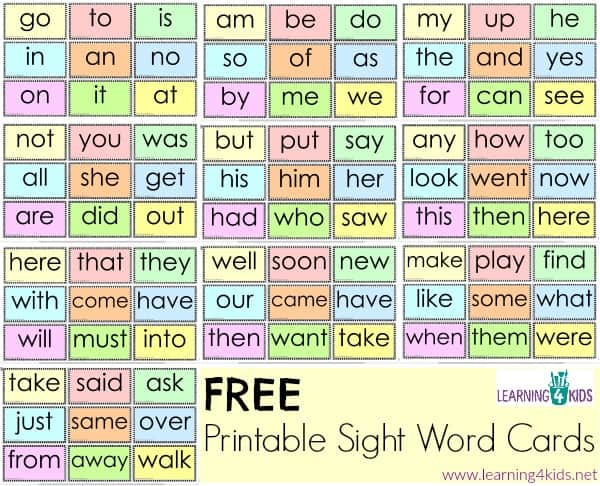 Free Printable Sight Word Cards Learning 4 Kids