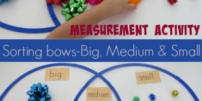 Measurement activity - classifying bows by size big medium and small. Fireworks (bows) theme maths activity.