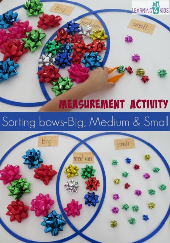 Measurement activity - classifying bows by size big medium and small. Fireworks (bows) theme maths activity.