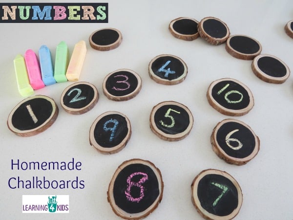 Counting, number activities using homemade chalkboards.