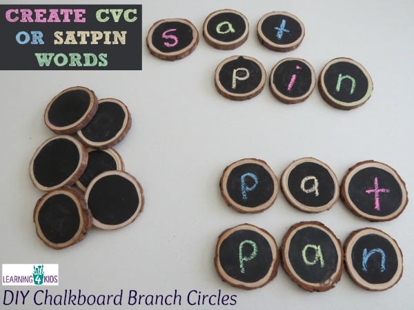 Create CVC or SATPIN words using DIY Chalkboard Branch Circles by Learning 4 Kids