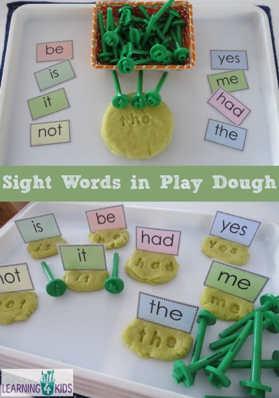 Creating Sight Words in Play Dough with letter stampers - alternatively use plastic magnetic letters to make letter prints