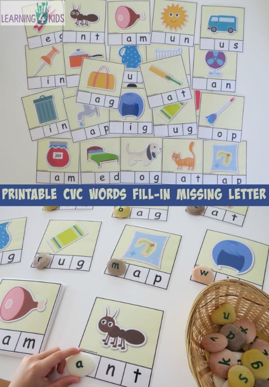 Printable CVC Word CArds - fill in the missing letter - 26 cards part of a cvc word bundle activity pack