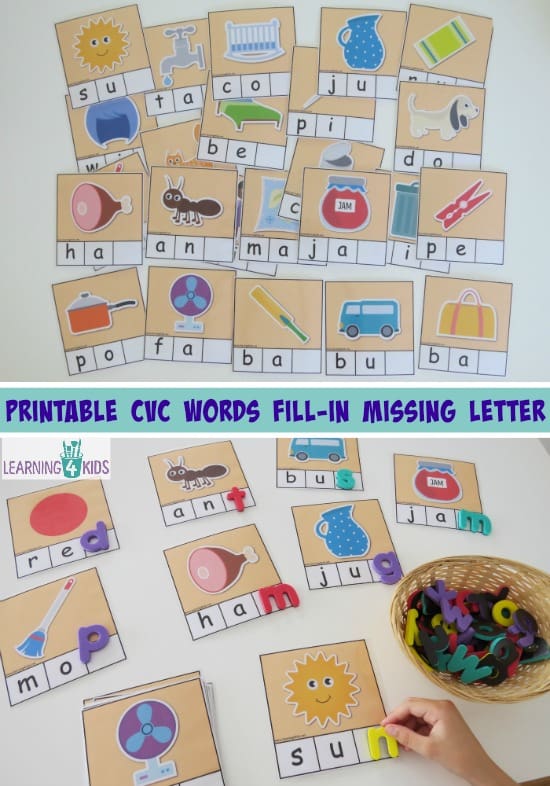Printable CVC Words - fill in the missing final sounds. 26 cards part of a CVC printable activity pack