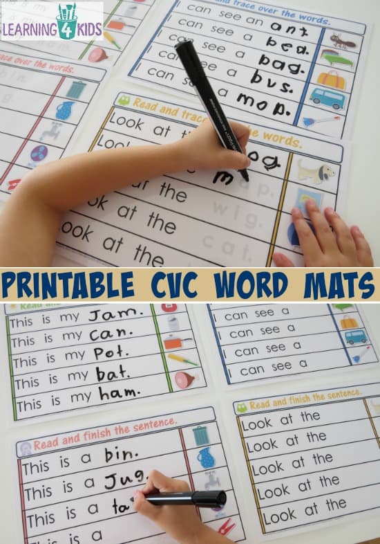 Printable CVC word mats - finish the sentence. 1 set has trace over the word, the other set the word is left blank to finish.  part of a cvc printable activity bundle pack