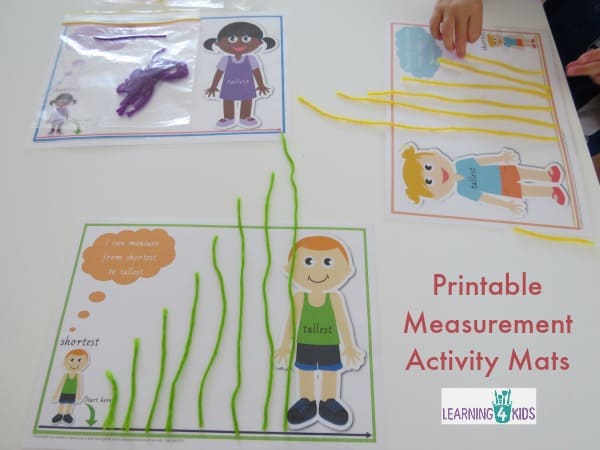 Printable Measurement Activity Mats - using string, play dough, sticks and other items to compare and order length