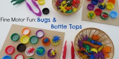 Fine motor science centre activity - bugs and bottle tops