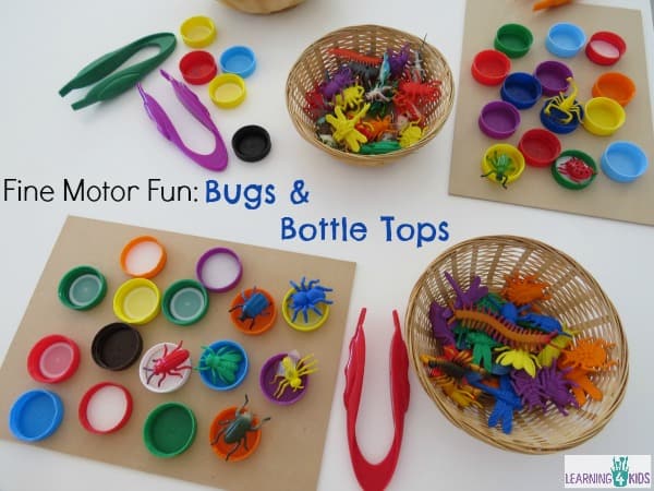 Fine motor science centre activity - bugs and bottle tops