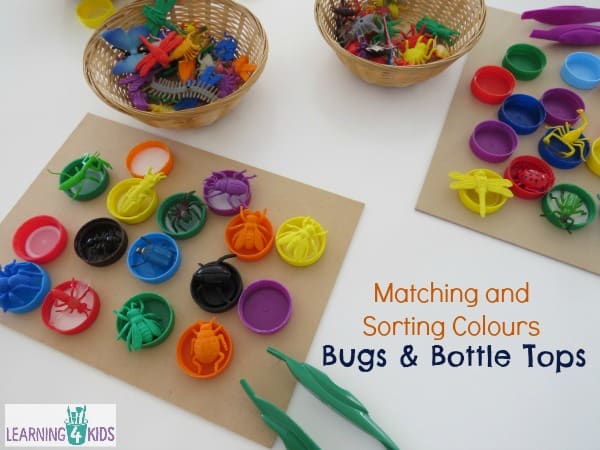 Matching and sorting colours with bugs and bottle tops - fine motor activity