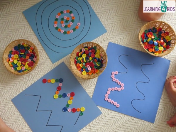 Super simple fine motor activity using buttons (or pebbles) on pattern lines