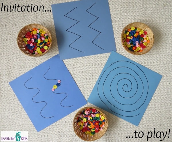 invitation to play with buttons and patterned lines for fine motor development