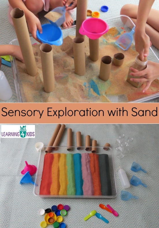 Hours of fun Sensory exploration with Sand, cardboard tubes, funnels, scoops, bottles, bottle tops and so much more