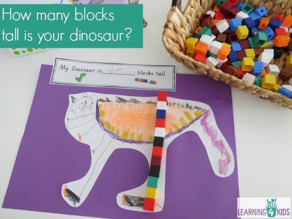 Measurement lesson idea - how many blocks tall is your dinosaur.  lots of measurement learnign centre ideas too