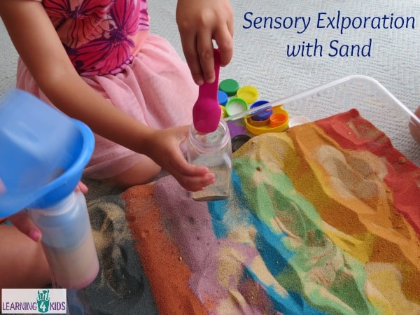 Sensory Exploration with rainbow sand - the ideas are endless