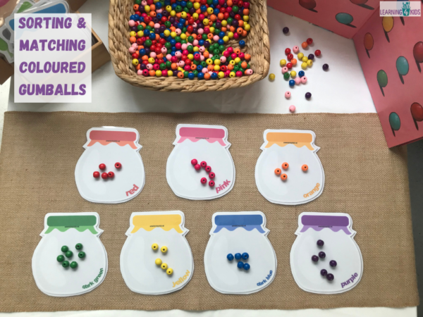 Colour matching activities - printable colour matching jars - sorting gumballs